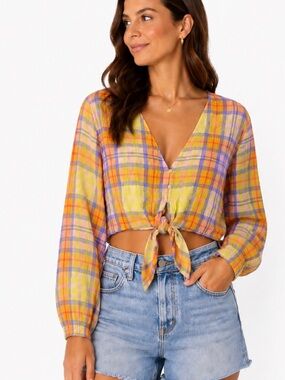 BP Yellow & Pink Plaid Tie-Front Cropped Blouse BoHo beachy COTTON lightweight M